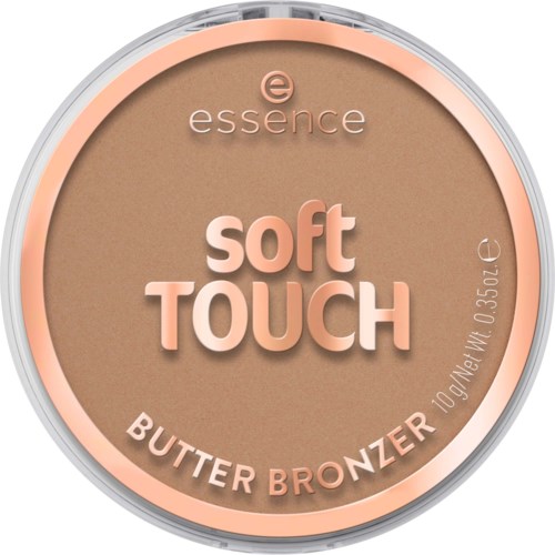 Ein runder Make-up-Artikel in Rosa und Beige, mit der Bezeichnung essence soft touch butter bronzer, 10 Gramm.