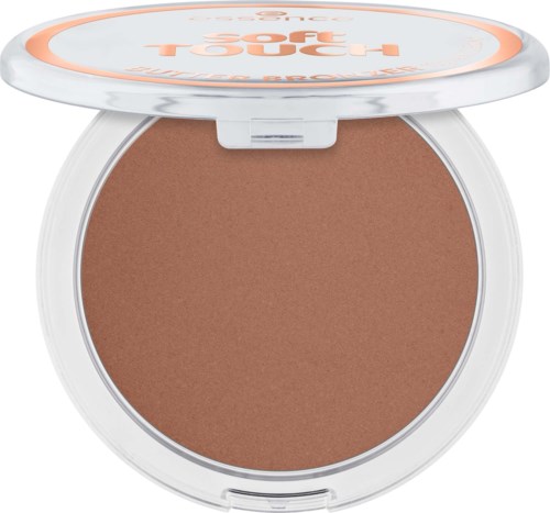 Ein kompaktes Puder mit brauner Farbe im Inneren und einem weißen und orangefarbenen Deckel. Der Deckel hat Text.