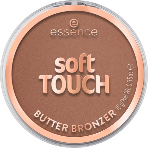 Eine runde Make-up-Compact mit der Aufschrift essence soft TOUCH butter bronzer und 10g Nettogewicht.