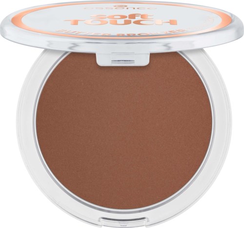 Ein runder Compact mit Bronzer, mit klarem Deckel, der das Pulver zeigt, und einem Logo oben.