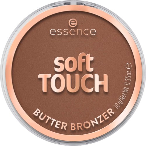 Eine runde Dose für essence soft touch butter bronzer in beige, mit rosa und braunen Details und Text.