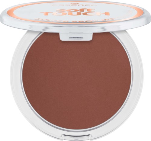 Ronde make-up blushcompact met wit en perzikkleurig deksel, bevat bruin poeder.