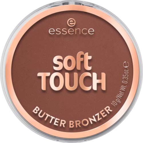 Een ronde make-upverpakking met bruin en roze kleuren, gemarkeerd als essence soft touch butter bronzer, 10 gram.