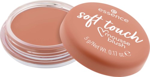 Pieni pyöreä rasia, jossa on beige-poskipuna ja pinkki kansi, jossa lukee essence soft touch mousse blush.