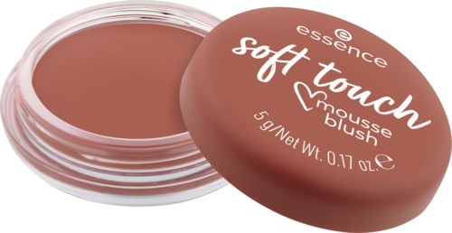 Soft touch mousse poskipuna rasia, auki ja näyttää vaaleanruskealta poskilta, pyöreä kansi tekstillä.