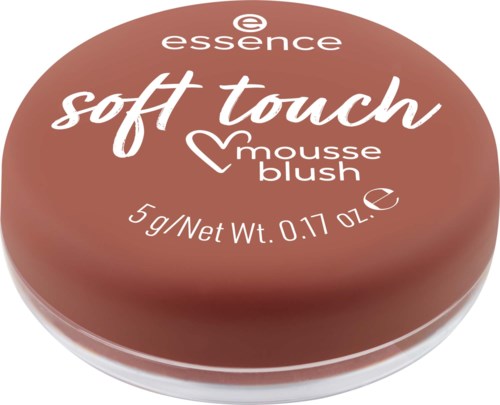 Pyöreä meikkituote, jonka päällä lukee essence soft touch mousse blush, 5 grammaa, teksti ja logo päällä.
