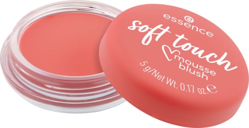 Ronde roze container met deksel met essence label, soft touch mousse blush, open met perzikkleurige blush.