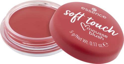 Pieni pyöreä purkki vaaleanpunaisesta poskipuňasta nimeltä Essence soft touch mousse, kansi pois.