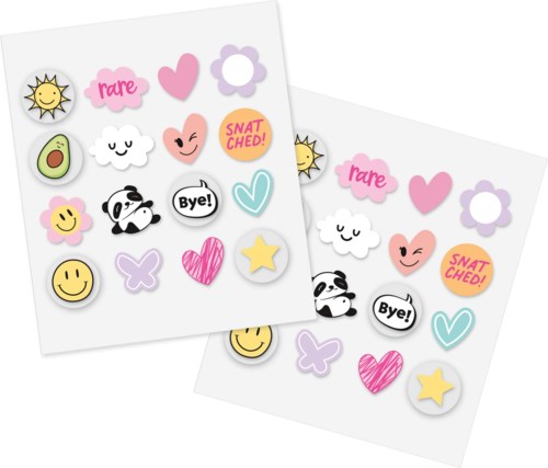 Bunte Aufkleber mit Gesichtern, Herzen, Panda, Sonne und Worten wie Tschüss und geschnappt.
