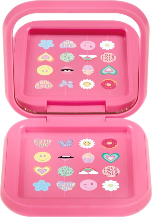 Een roze make-up geval met kleurrijke stickers van gezichten, harten, bloemen en woorden zoals "Cutie Pie" en "Love".