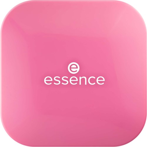 Een roze vierkant met afgeronde hoeken met witte tekst 'essence' en een kleine cirkel met een lijn boven.