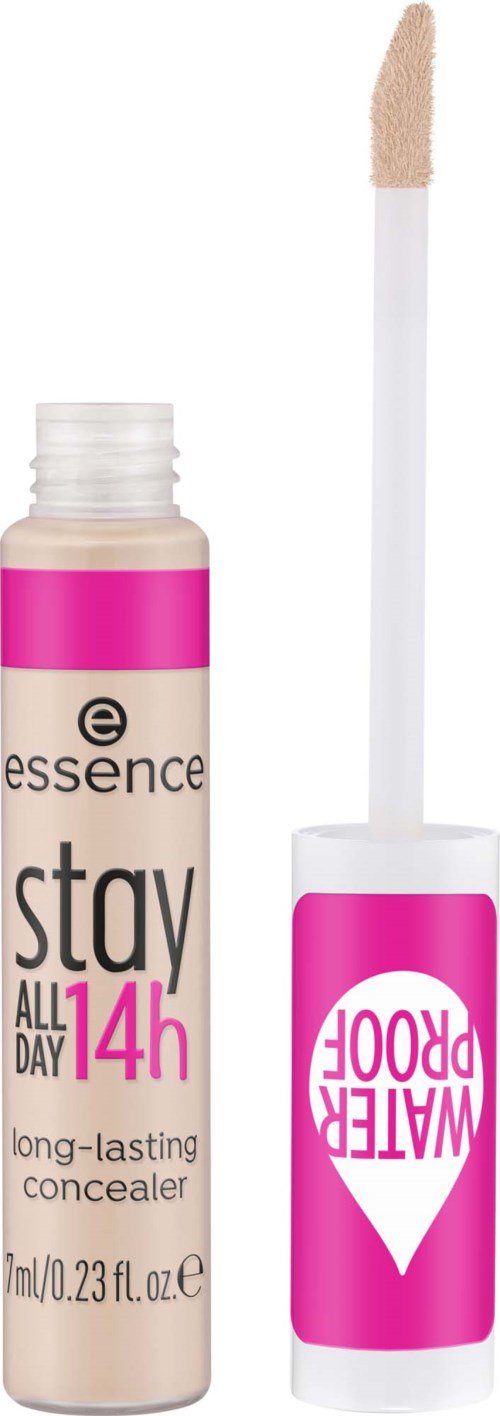 A beige concealer bottle with pink and black text, and a white applicator wand with beige product.