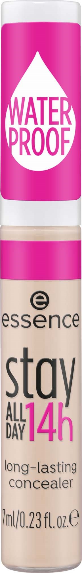 A long-lasting concealer tube with waterproof and all-day coverage, in pink, beige, and white colors.