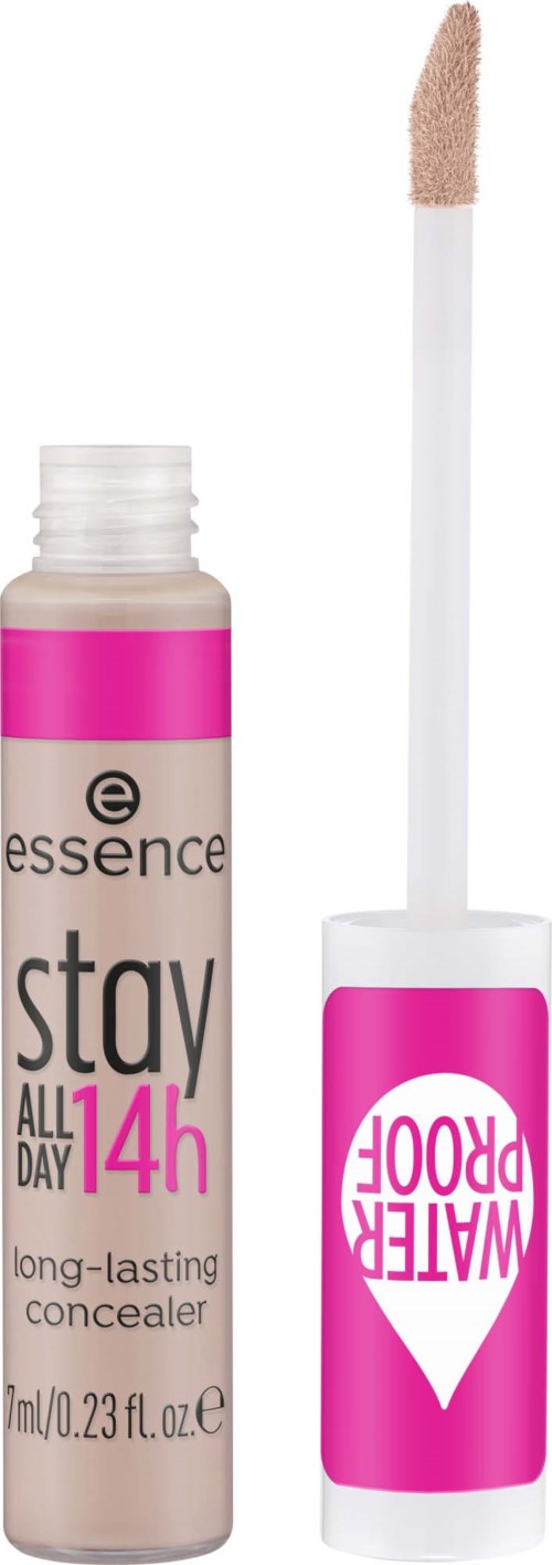 Een flesje Essence Stay All Day 14h langdurige concealer met roze en witte label en applicator.