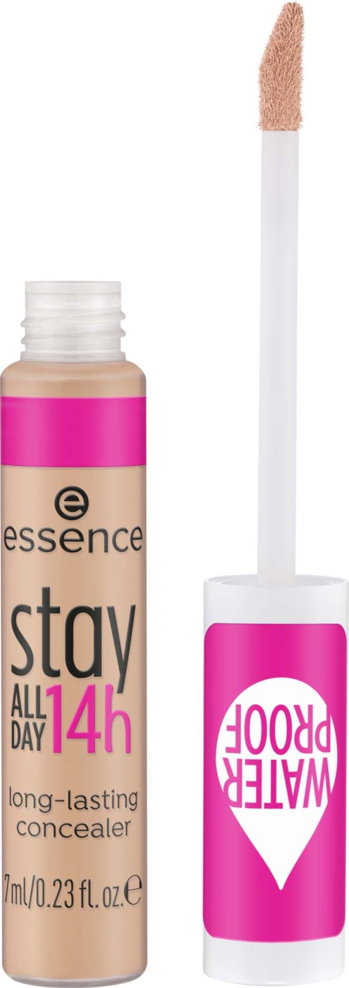 Een concealer met applicator en roze label, bedoeld voor langdurige dekking de hele dag.