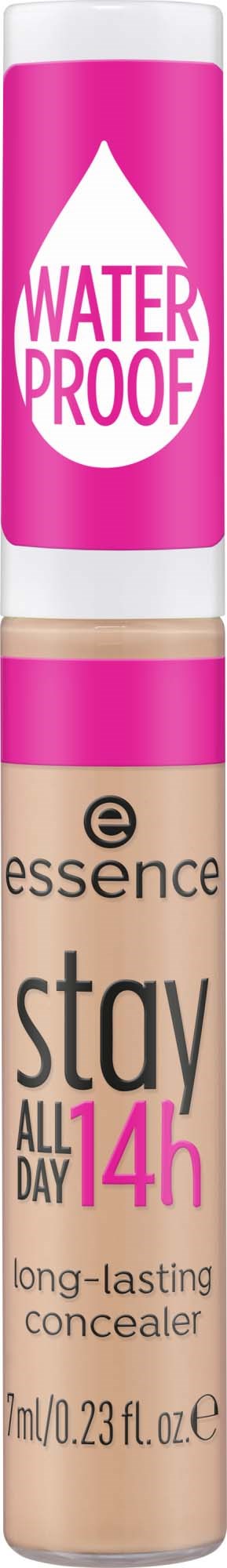 Een beige concealer-stift met roze en witte labels die waterdichte en langdurige make-up voor 14 uur promoot.
