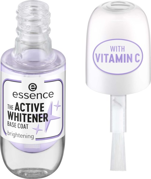 Kleine Flasche Essence Brightening Base Coat mit Vitamin C, mit separatem weißen Tropferdeckel.