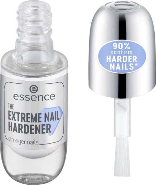 Een klein flesje nagelverharder en een zilverkleurige dop met een borsteltje.