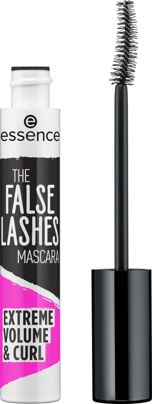 Mascara med en böjd borste och ett rör märkt "Extreme Volume & Curl" för falska fransar.