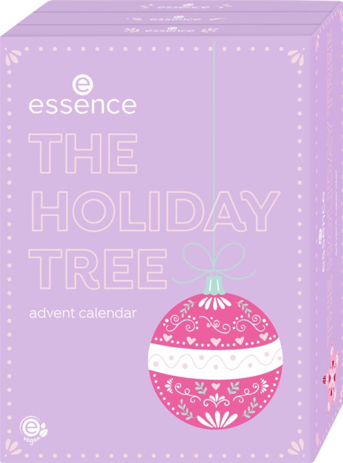 A lavender-colored box titled The Holiday Tree, an advent calendar from Essence with a pink Christmas ornament illustration.