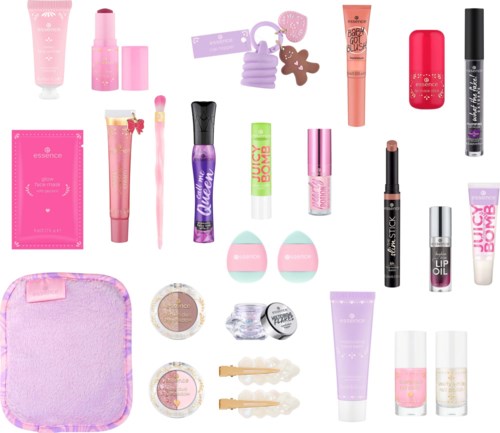A collection of pink, purple, and neutral skincare, makeup, and beauty products with packaging, swatches, and tools.