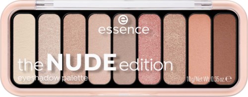 Een oogschaduwpalette met lichte tot donkere roze en beige tinten, genaamd 'Nude edition' door Essence.