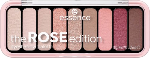 En fyrkantig ögonskuggspalett med tio rosa och bruna nyanser, märkt essence the ROSE edition.