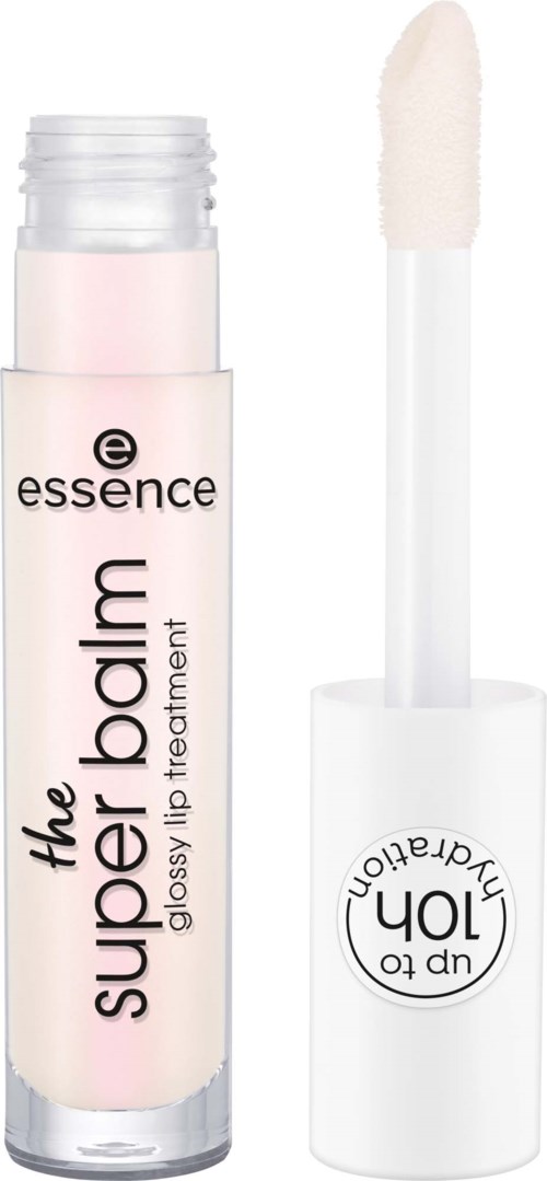 Huulikiilton pullo, jossa lukee 'the super balm' valmistajalta Essence, ja mukana valkoinen levitin.