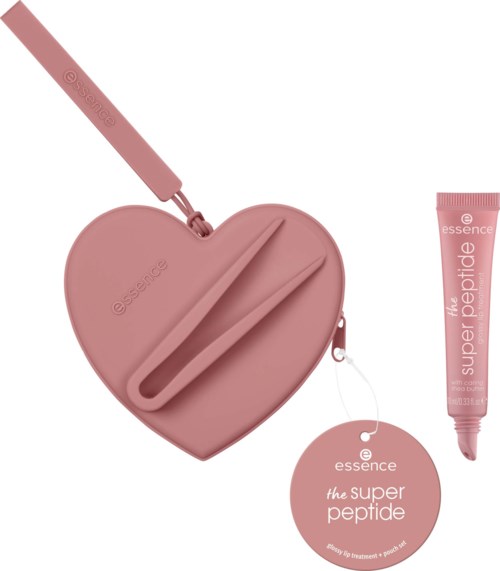 En rosa hjerteformet sak med stropp, en liten rund merkelapp og en rosa tube med krem merket superpeptide.