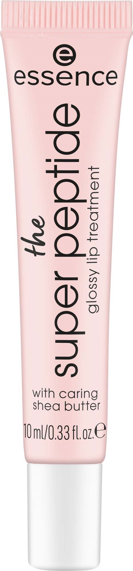 Rosa glansrör med svart och vitt text, märkt essence super peptide, shea butter, 10 ml.