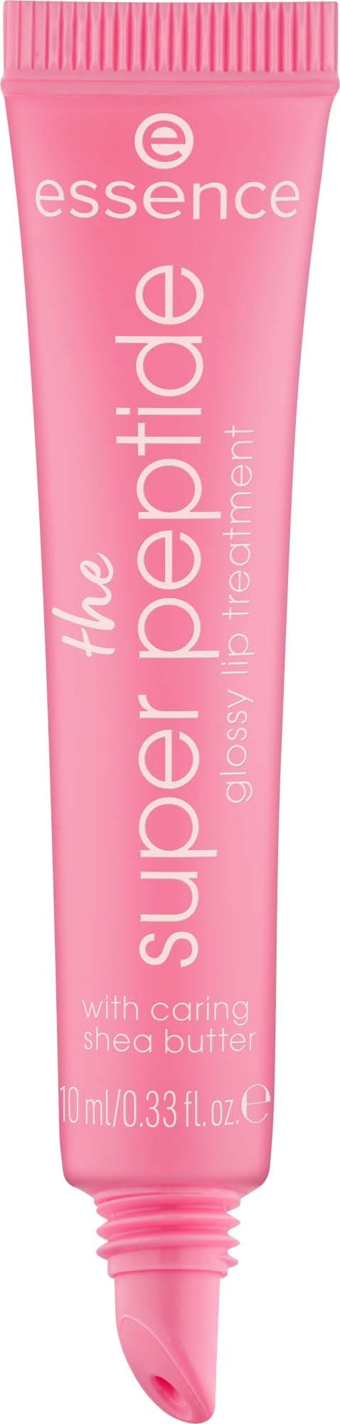 A pink tube of Essence skincare product called the super peptide glow lip treatment with shea butter.