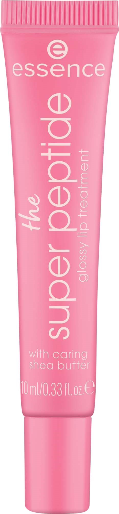 A pink tube labeled essence super peptide glossify lip treatment, with shea butter and caring ingredients.