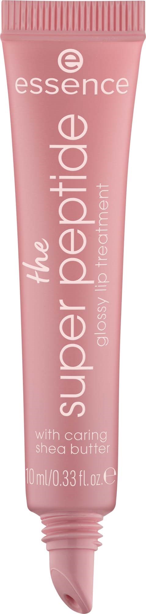 A pink tube of skincare product labeled essence with shea butter for treating skin. Compact size with a twist cap.