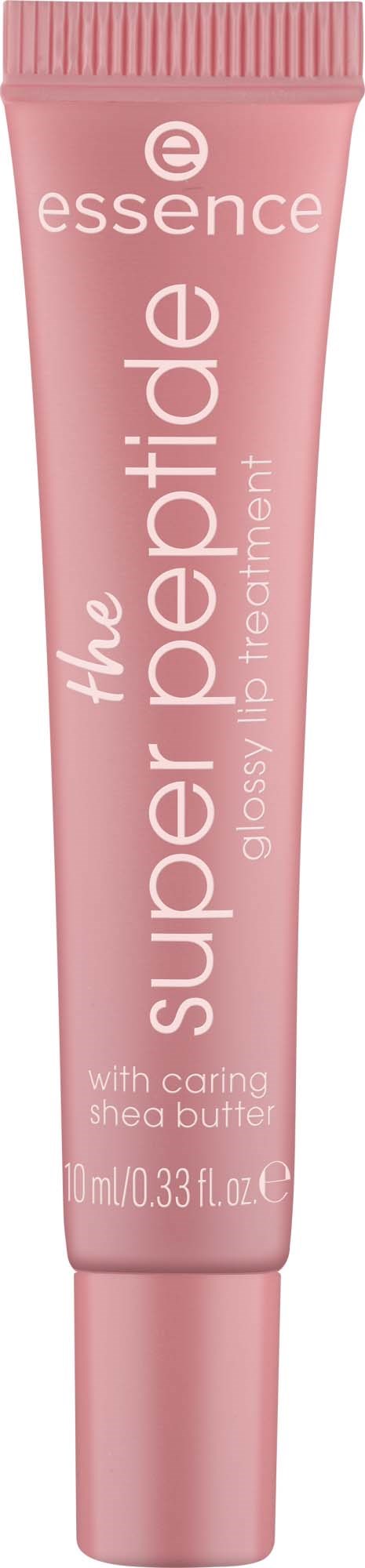 A pink tube labeled essence super peptide glow serum with shea butter and caring ingredients.
