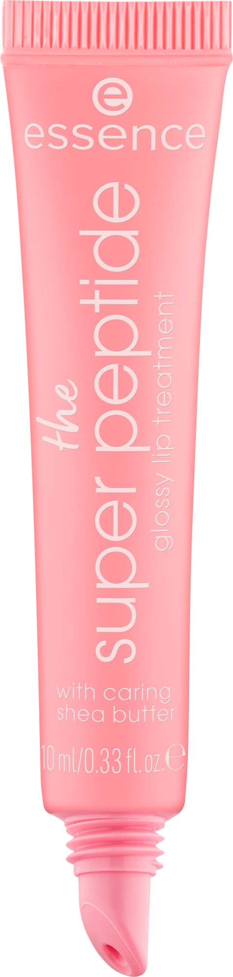 A pink squeeze tube of Essence Super Peptide eye treatment with shea butter.