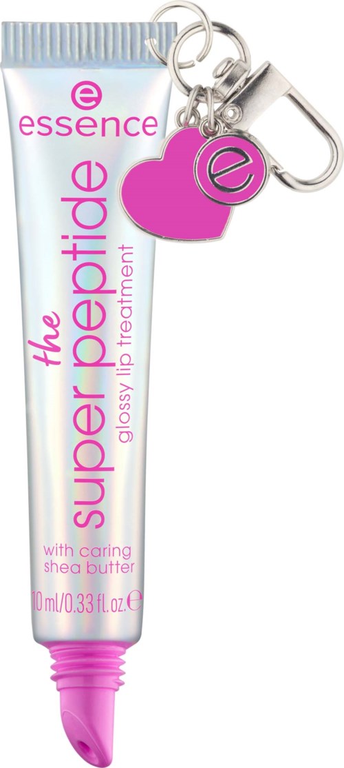 A lip treatment tube with a pink and white design, attached to a keychain with a pink heart charm.