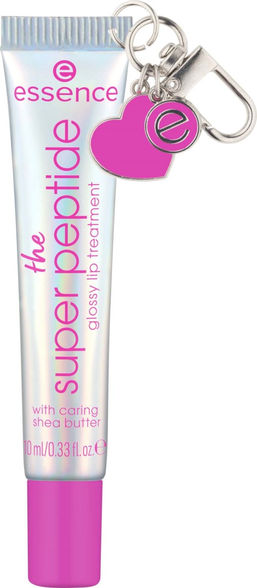 A tube of pink and white lip gloss with a keychain attached, labeled as super petide with shea butter.