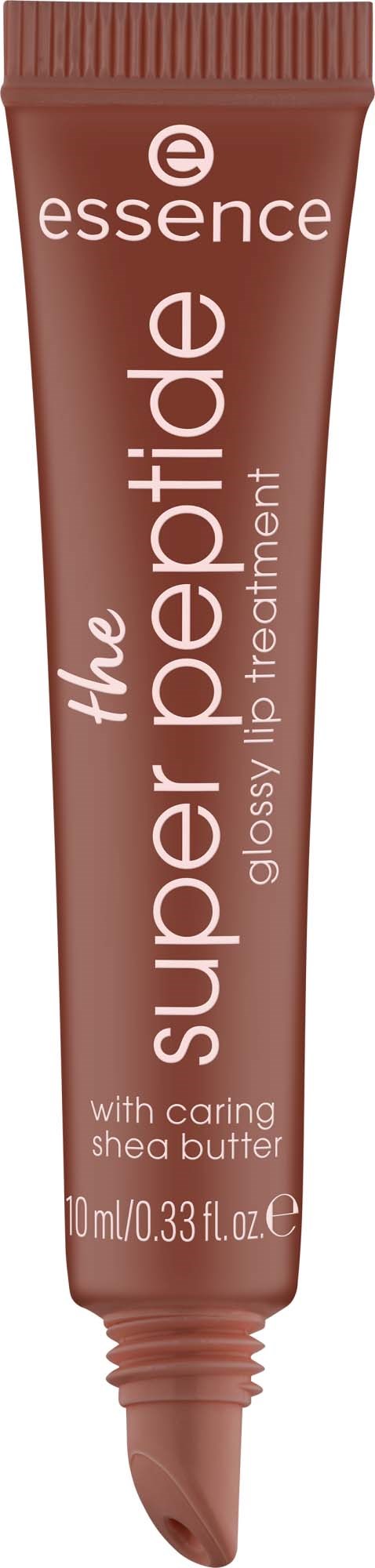 A brown tube of Essence Super Petide lip treatment with shea butter, 0.33 fl oz.