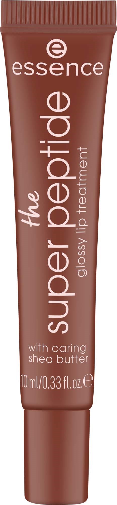 A brown tube of skincare cream labeled essence, with a white cap, containing shea butter for lips.