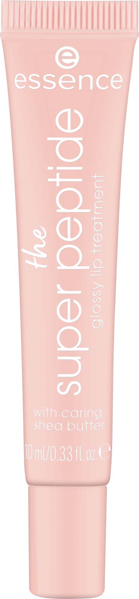 Een roze tube huidverzorgingsproduct genaamd essence met woorden over een peptide en sheaboter.