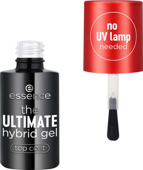 A bottle of hybrid gel nail polish next to a lamp-shaped top coat with no UV lamp needed written on it.