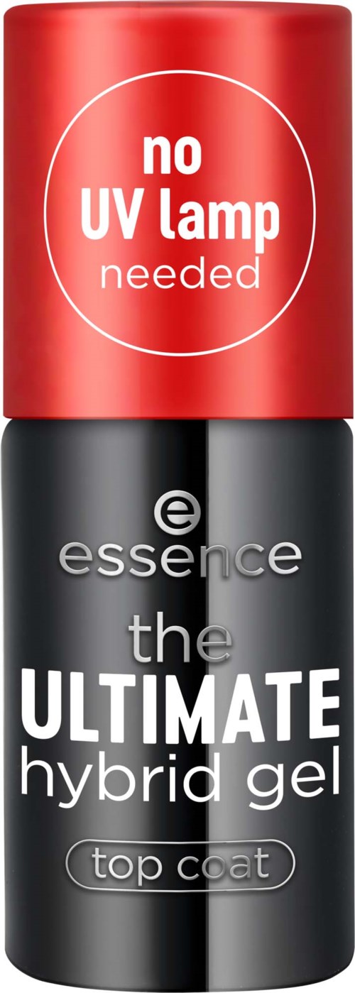 A spray bottle with black and red colors, named 'essence the ULTIMATE hybrid gel top coat,' says no UV lamp needed.