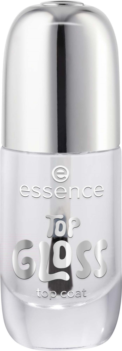 Een klein wit flesje met een zilveren dop, gemerkt Essence Top Gloss Top Coat voor nagels.