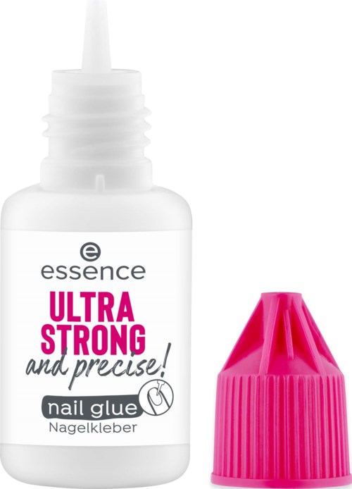 Een witte fles met nagellijm en een roze deksel, gebruikt voor nagels.