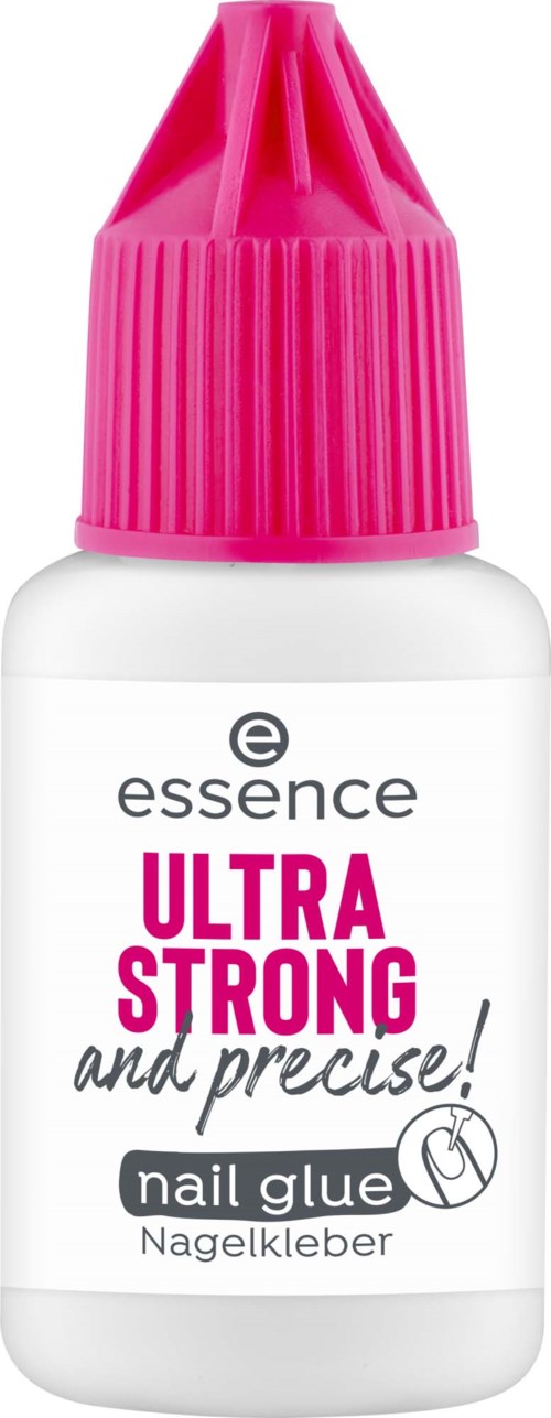 Een kleine witte fles met een roze dop met label ultra strong nagelkleef in zwart en roze tekst.