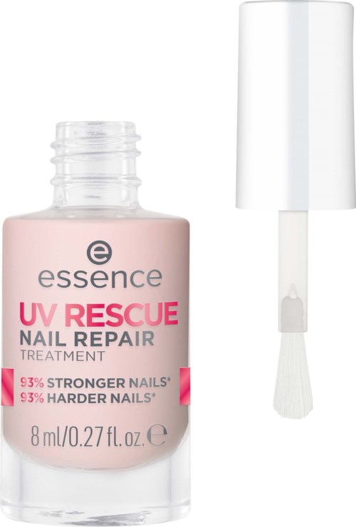 Kleine fles met nagelherstelbehandeling met witte kwastapplicator.