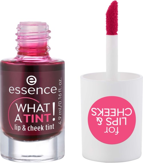 Eine Flasche mit pinkem Lippen- und Wangen-Tint, mit offener Applikator, die pinke Produkt zeigt.