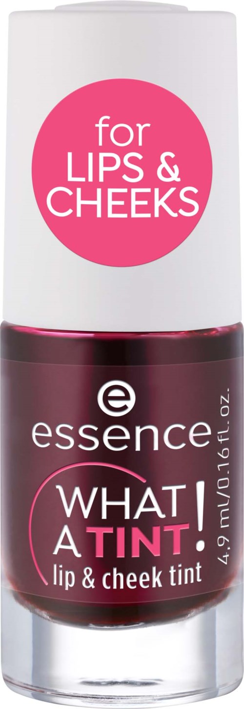 Eine kleine Flasche mit Lippen- und Wangen-Tint von Essence, für Lippen und Wangen, in Pink und Dunkelrot.