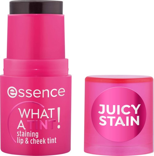 Pinke Kosmetikdose mit Deckel und Etikett mit Juicy Stain und Farbabdruck für Lippen und Wangen.