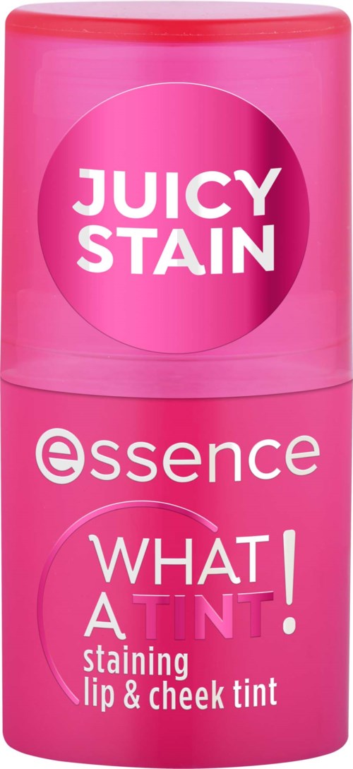 Rote Lippen- und Wangenfarbe Flasche mit der Aufschrift Juicy Stain und Essence What a Tint!